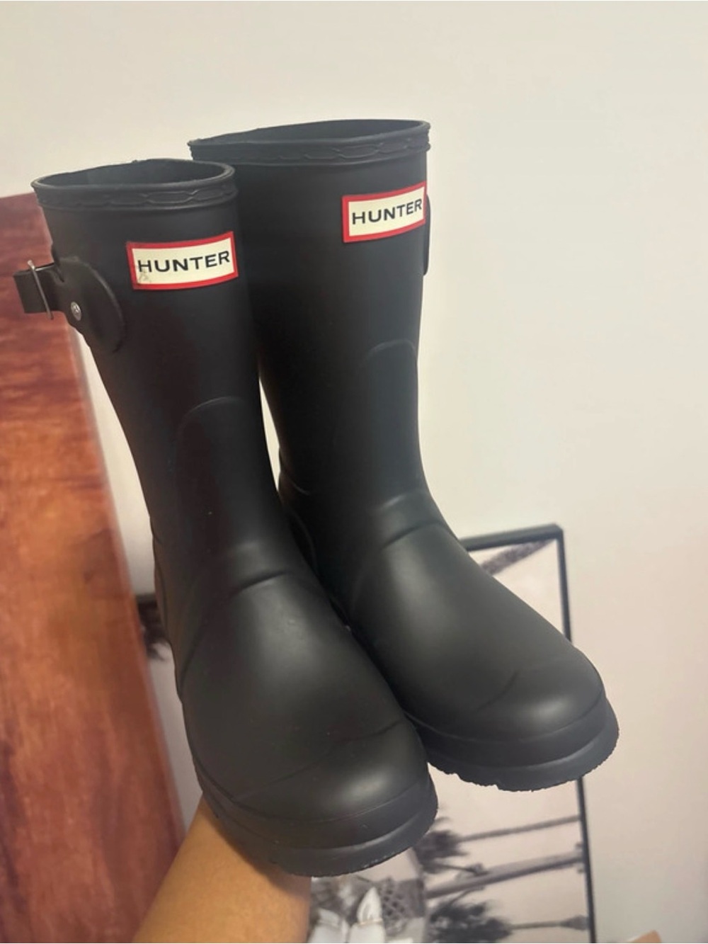 Hunter Matte Black Short Rain Boots with Red Logo Trim